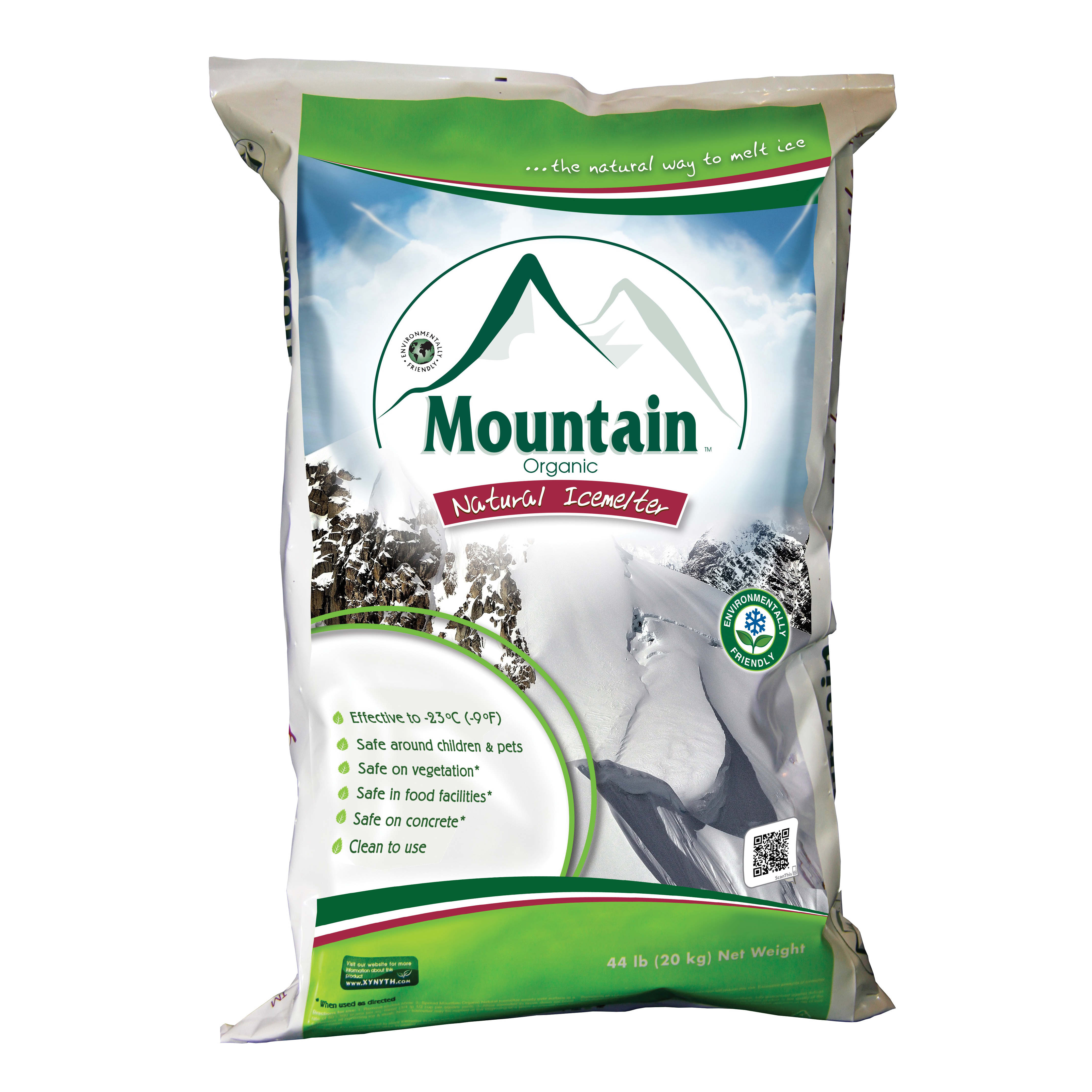 XYNYTH Mountain Organic Natural 200-20043 Organic Icemelter, 44 lb Container, Poly Bag Connection, -9 deg F, Potassium Chloride, Additive (Containing Mixture of Potassium Chloride and Trace Elements of Iron and Minerals), Natural