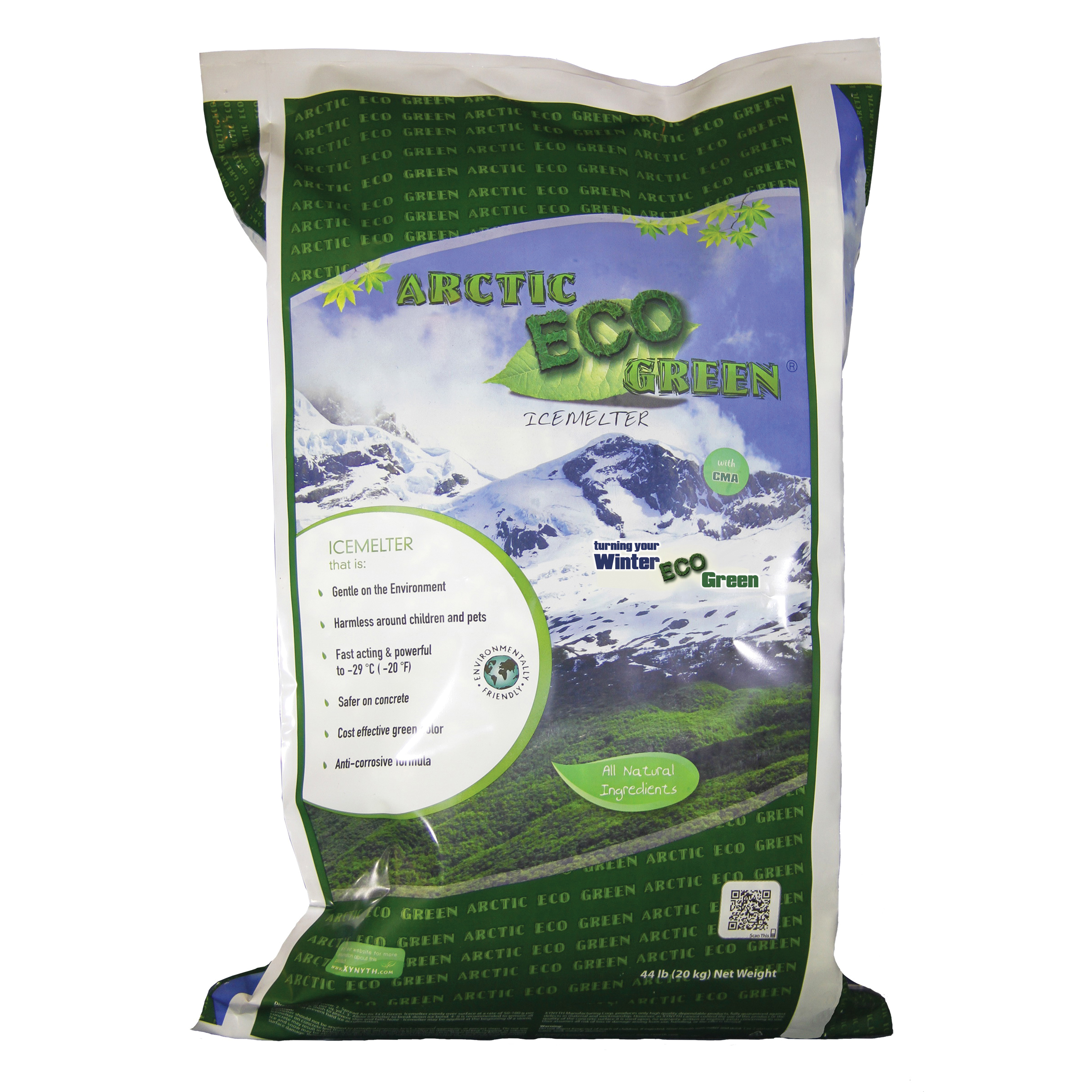 XYNYTH ECO Green 200-60043 Icemelter, 44 lb Container, Bag Connection, -20 deg F, Sodium Chloride, Calcium Magnesium Acetate, Potassium Acetate, Soluble Color Dye, Green