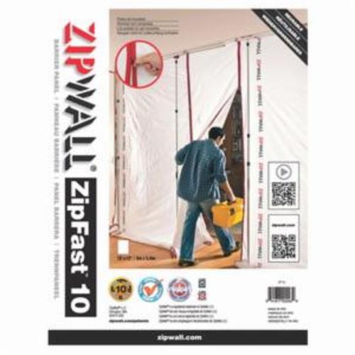 ZipWall ZF10 ZipFast Reusable Barrier Panel With Sewn-In Heavy Duty Zippers, 10 ft L x 12 ft H, For Use With Poles and Accessories, Nylon Fabric, White